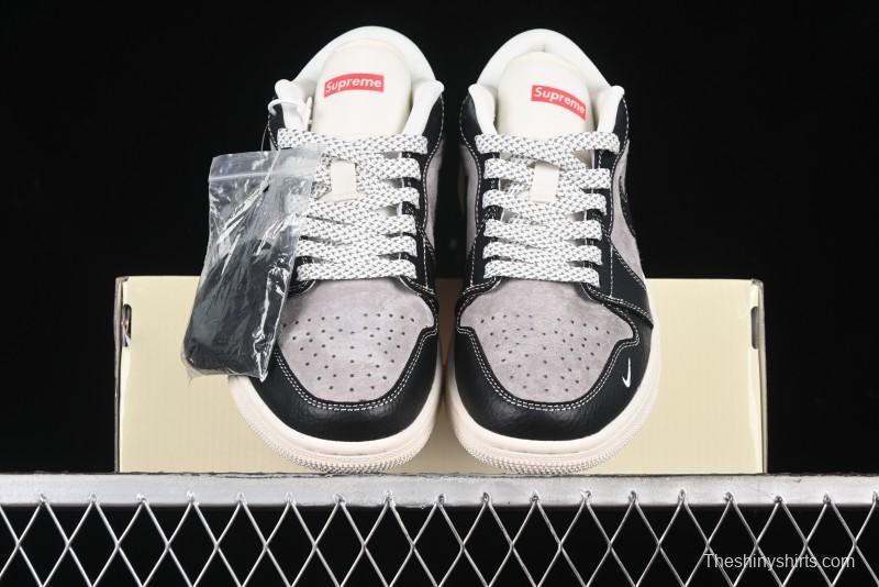 Nike Air Jordan 1 Low Supreme Collaboration - Black Grey Pigskin Two-Tone High-End Custom Retro Basketball Shoes - SJ9950-032