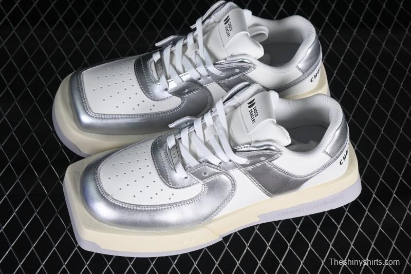 Choco Concert Leather Asymmetrical Fashion Sneakers Silver White - AJE5