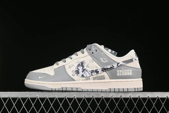 Nike SB Dunk Low Stussy Collaboration Light Grey Graffiti Anniversary Custom Low-Top Casual Skate Shoes - XS6089-588