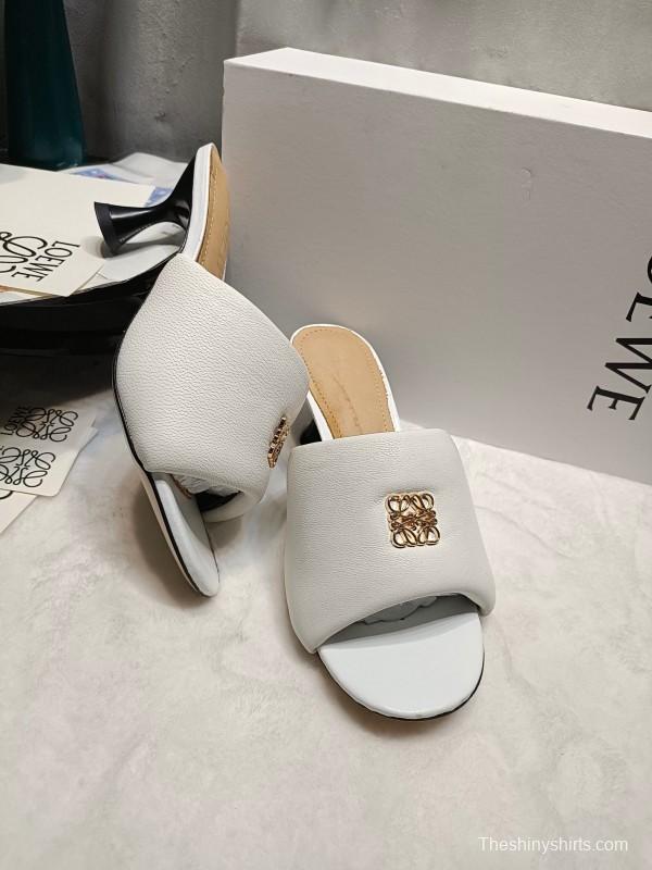 2025 Women Loewe White Leather Slide Heels LY00270