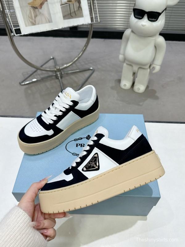 2025 Women Prada Black White Leather Suede Sneakers Downtown Bold KFY00310