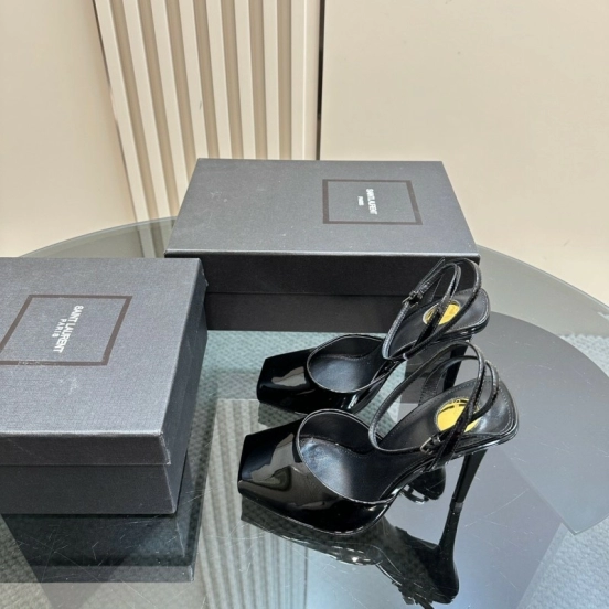 2025 Women Yves Saint Laurent Black Patent Leather High Heel Sandals