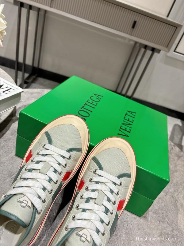 2025 Women Bottega Veneta Green White Red Canvas Leather High Top Sneakers