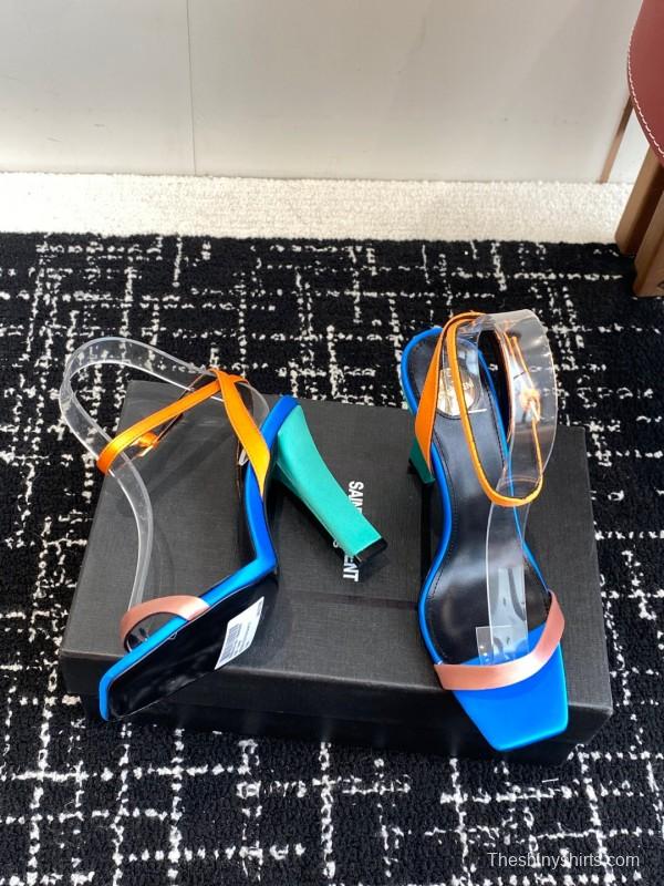 2025 Women Yves Saint Laurent Blue Orange Pink Leather Suede High Heel Sandals