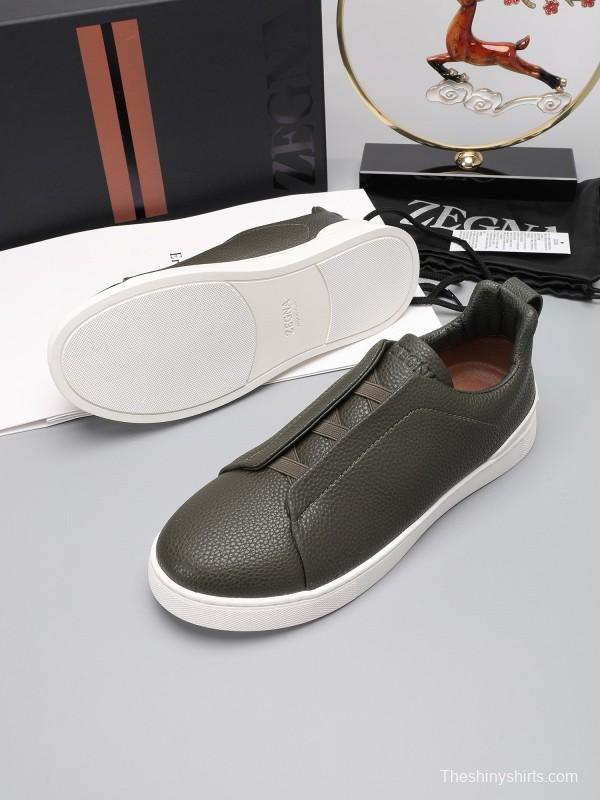 2024 Men Ermenegildo Zegna Dark Green Leather Sneakers MJ00240