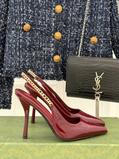 2025 Women Gucci Burgundy Patent Leather Slingback Chain High Heel KFY00300