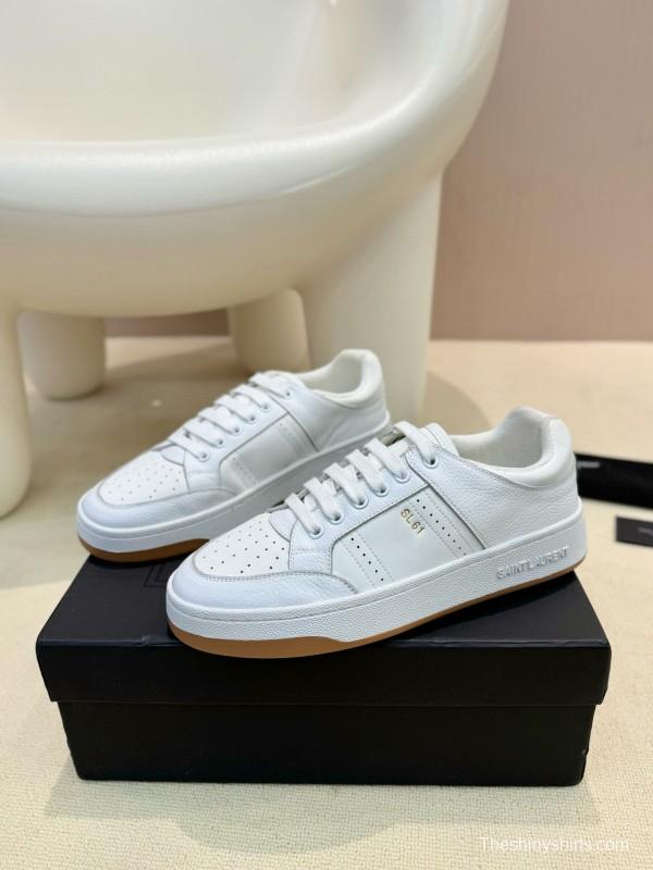 2024 Unisex Yves Saint Laurent White Silk Leather Sneakers SL61 MJ00350