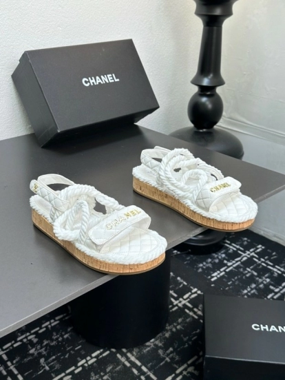 2025 Women Chanel White Leather Roped Espadrille Sandals LY00260