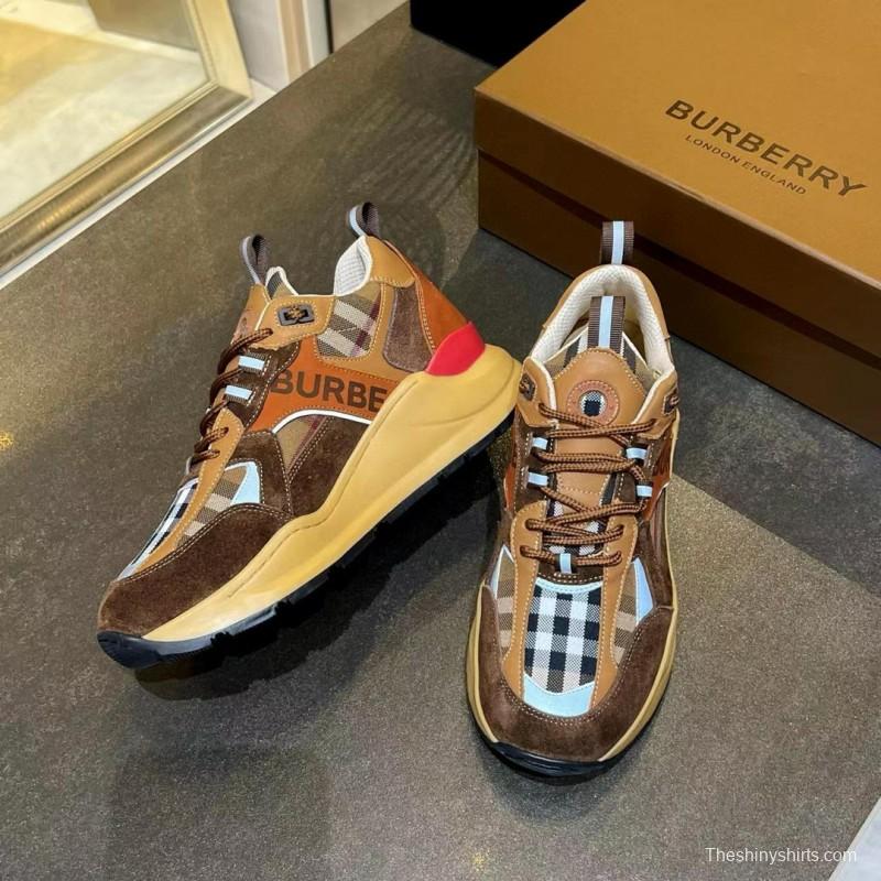2025 Unisex Burberry Brown Beige Suede Leather Mesh Sneakers Checked Pattern MX00380