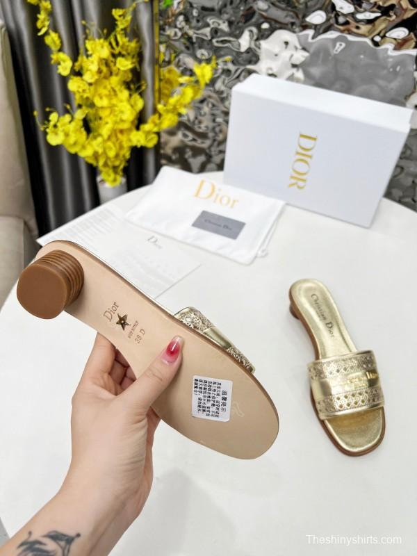 2025 Women Dior Gold Leather Slides