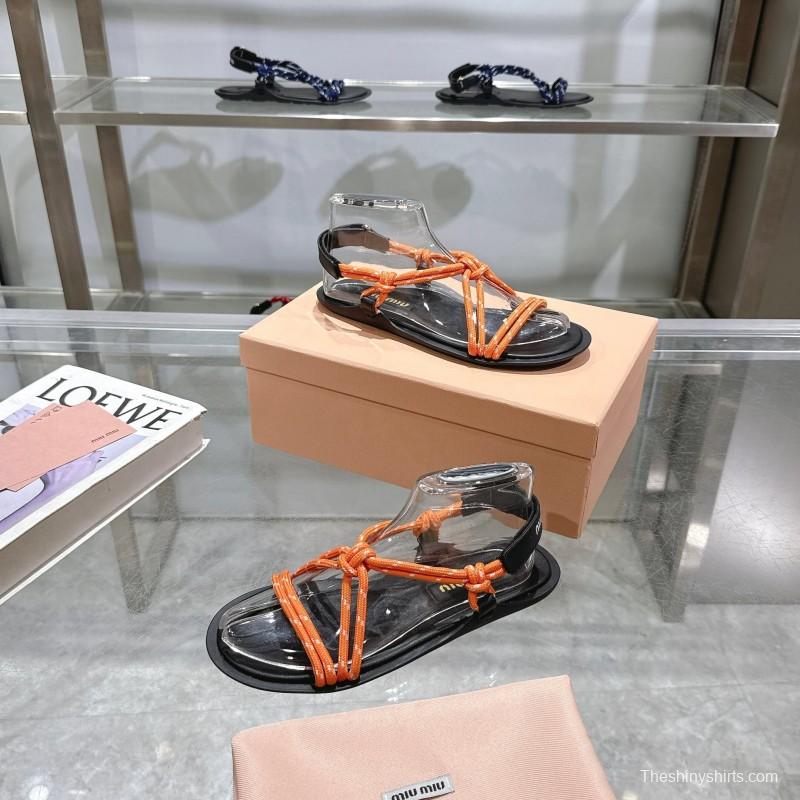 2025 Women Miu Miu Orange Black Rope Leather Sandals