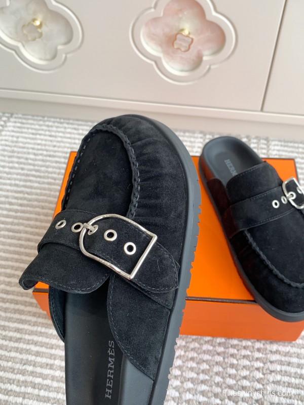 2025 Women Hermès Black Suede Mule Shoes Buckle KFY00290