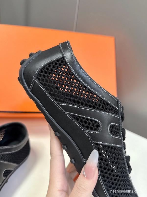 2025 Women Hermès Black Mesh Leather Trainers KFY00250