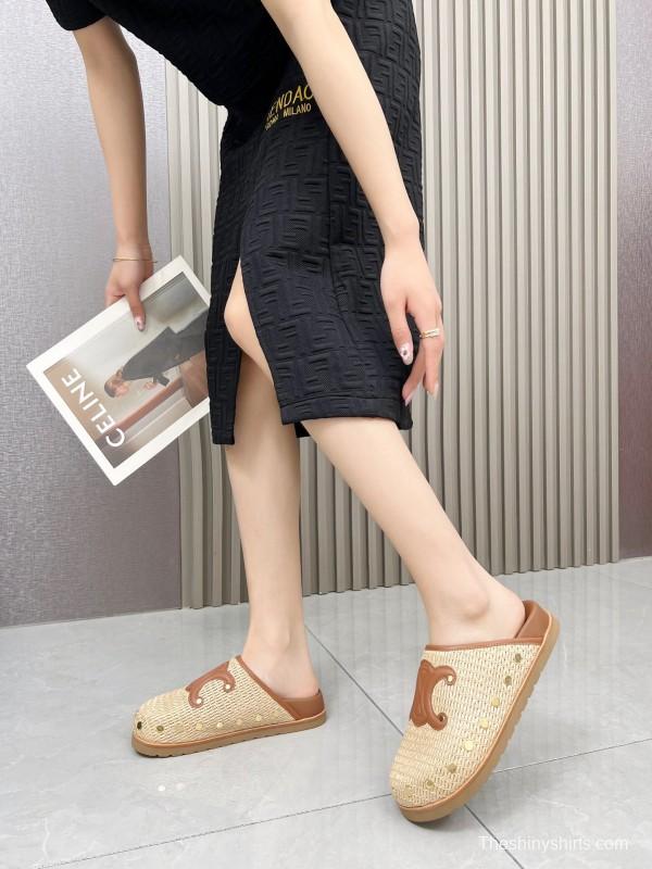 2025 CELINE Beige Leather Raffia Slippers LY00240