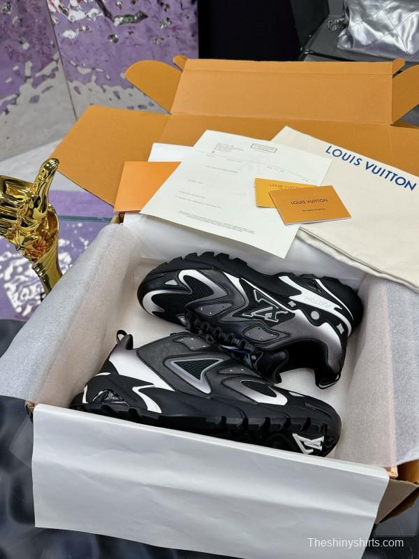 2025 Men Louis Vuitton Black Grey Mesh Leather Sneakers MJ00420