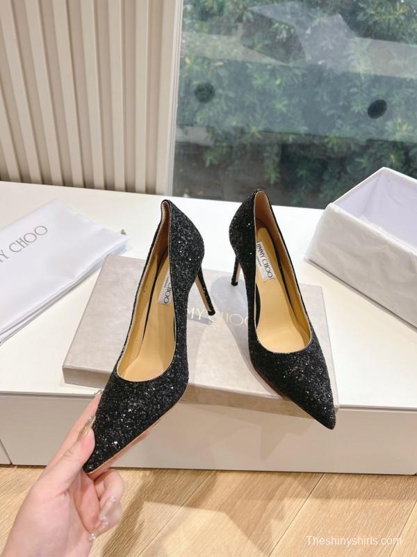 2025 Women Jimmy Choo Black Glitter Leather High Heel Pumps KFY00280