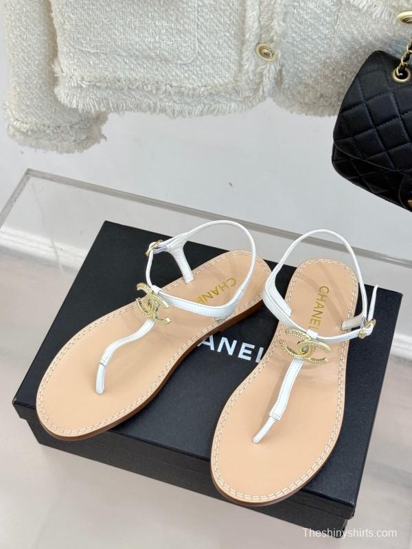 2025 Women Chanel White Leather Sandals KFY00290