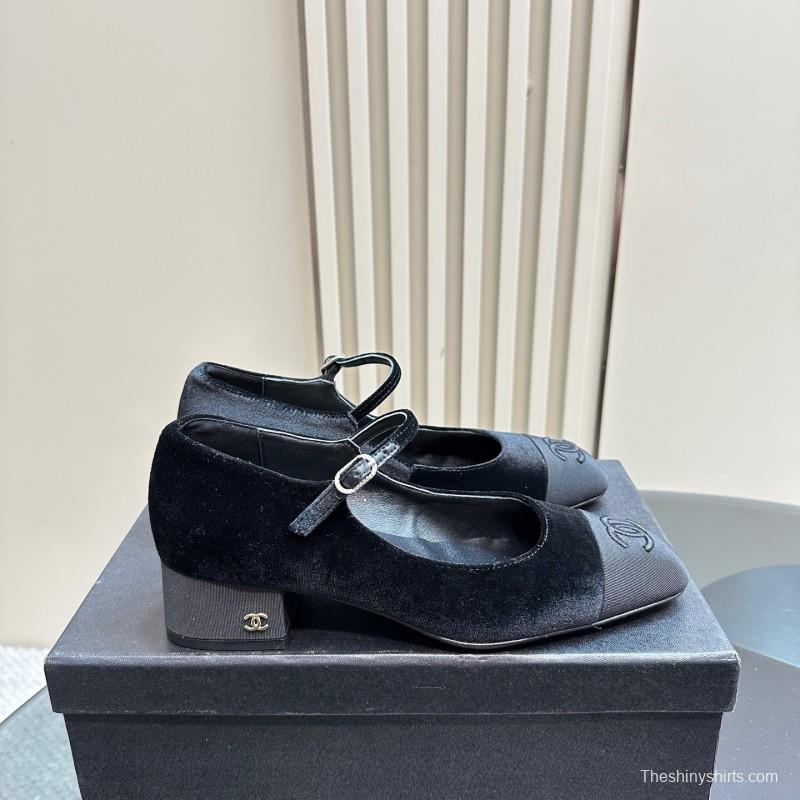 2025 Women Chanel Black Velvet Leather Mary Jane