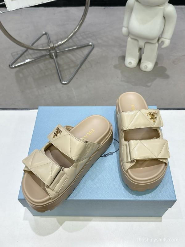 2025 Women Prada Beige Leather Slippers KFY00290