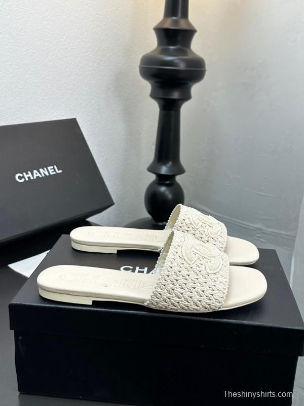 2025 CHANEL White Knit Leather Slippers LY00250