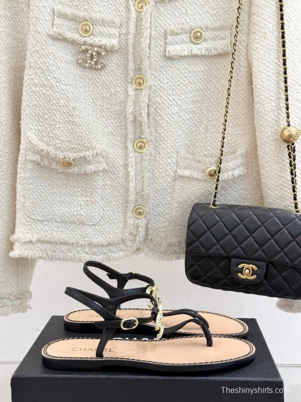 2025 Women Chanel Black Leather Sandals KFY00290