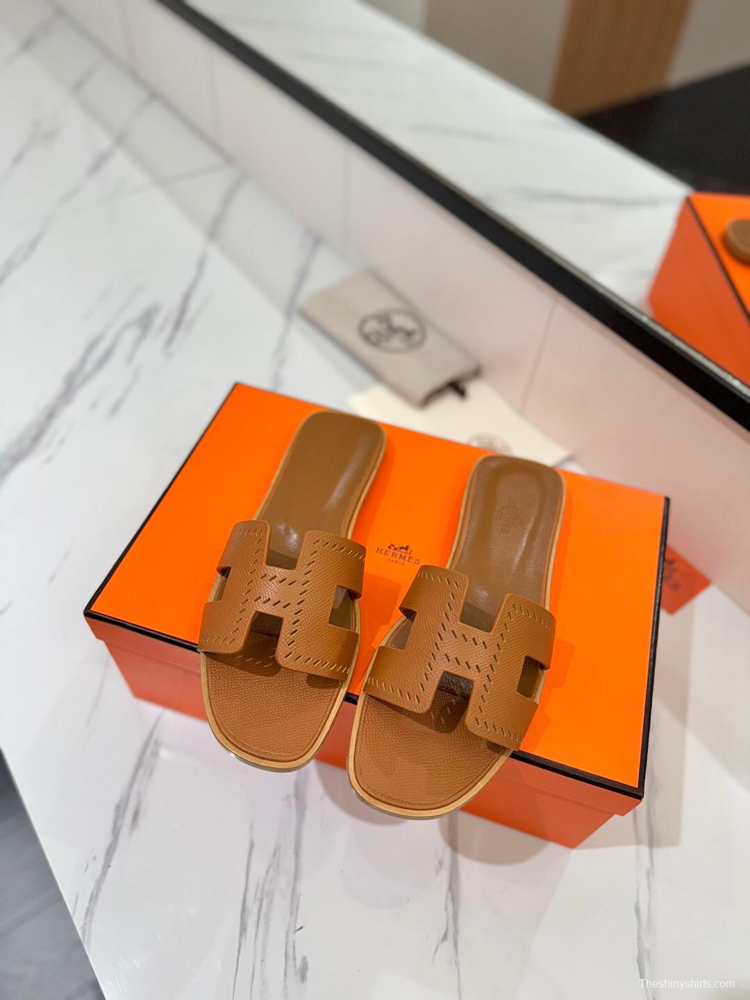 2025 Women Hermès Brown Leather Slippers