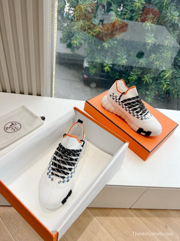 2024 Unisex Hermès White Black Orange Calf Suede Sneakers MJ00290