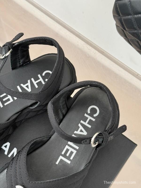 2025 Women Chanel Black Fabric Platform Sandals
