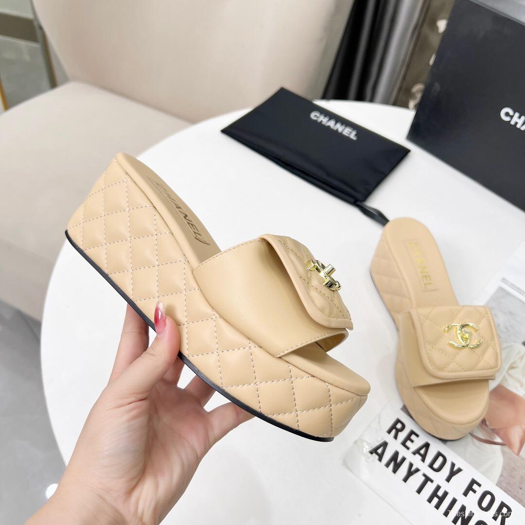 2025 Women Chanel Beige Leather Platform Slide Sandals