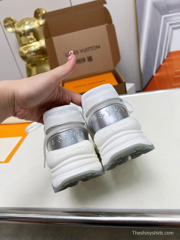 2025 Women Louis Vuitton White Grey Mesh Leather Sneakers LY00340