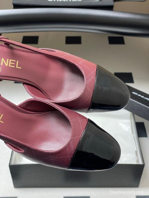 2025 Women Chanel Burgundy Black Leather Sling-back Chunky Heel