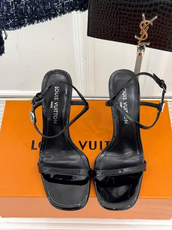 2025 Women Louis Vuitton Black Leather High Heel Sandals