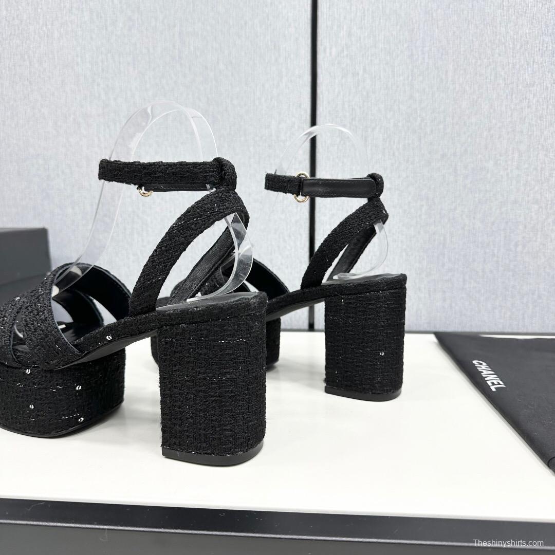 2025 Women Chanel Black Fabric Platform Sandals KFY00310
