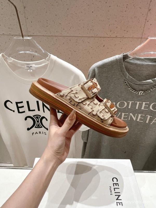 2025 Women Celine Beige Canvas Vintage Style Double Buckle Sandals Handcrafted Unisex LY00360(F)