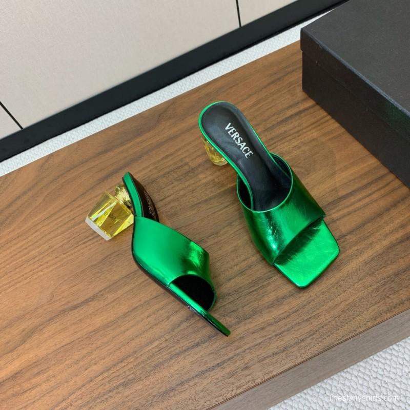2025 Women VERSACE Green Leather Slippers