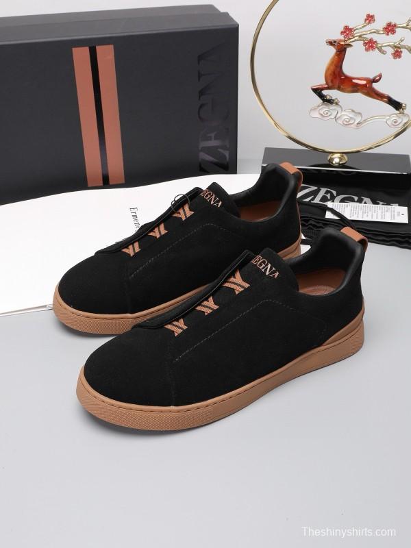 2024 Men Ermenegildo Zegna Black Brown Suede Leather Sneakers MJ00240