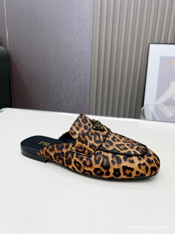 2025 Women Prada Leopard Calf Hair Slippers LY00260
