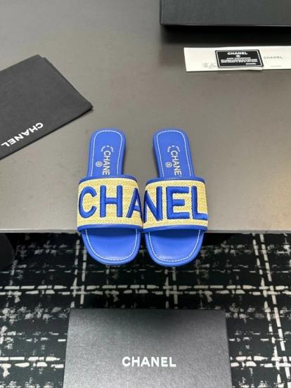 2025 Women CHANEL Blue Beige Canvas Slippers