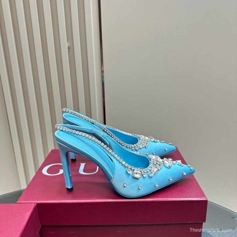 2025 Women Gucci Blue Silk Crystal Embellished Slingback Pumps MJ00340