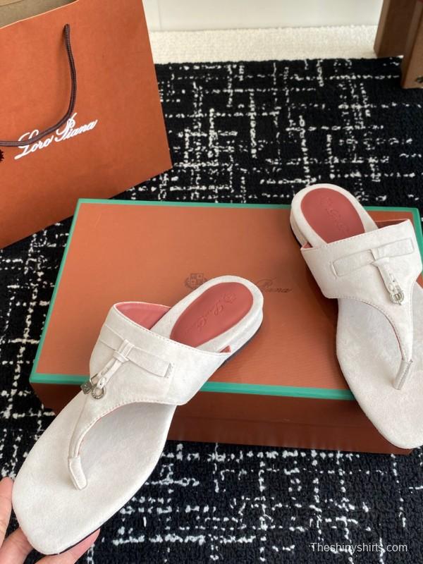 2025 Women Le Parmentier White Suede Thong Sandals KFY00280