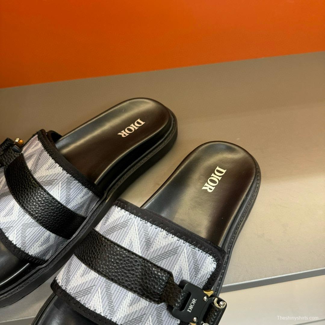 2024 Men Dior Black White Oblique Embroidered Leather Sandals H-Town MJ00190