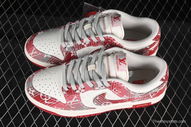 Nike SB Dunk Low LV Collaboration Grey Red Denim Anniversary High-End Custom Low-Top Casual Skate Shoes - SC9772-809