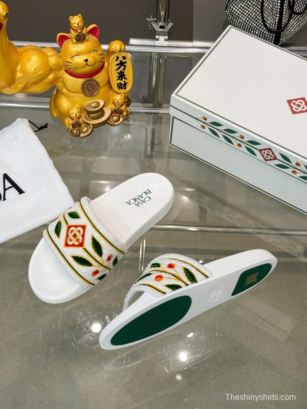 2025 Men CASA BLANCA White Green Red Embroidered Leather Slippers KFY00160