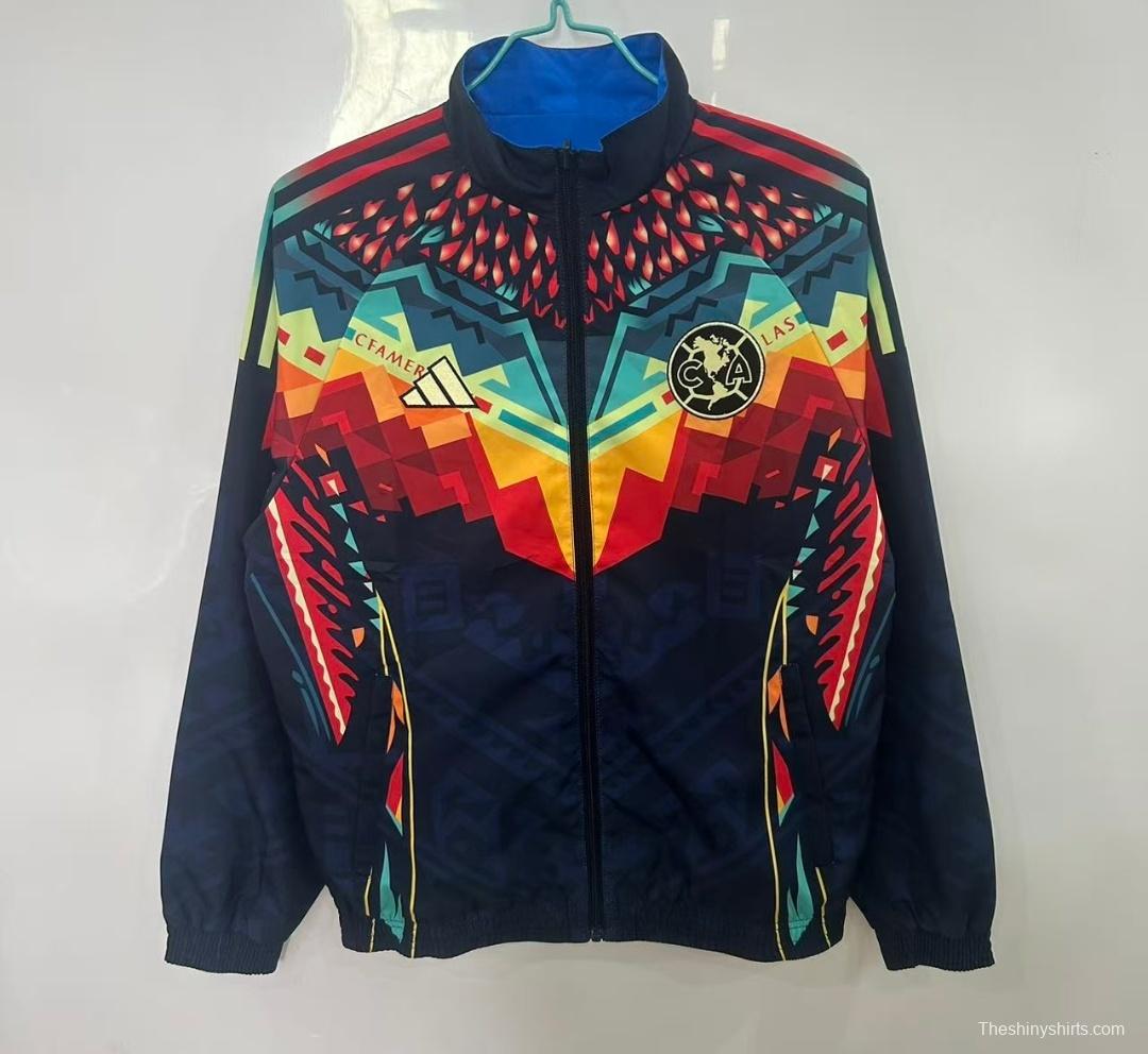 25/26 Club America Navy Blue with Aztec-Inspired Geometric Pattern Windbreaker