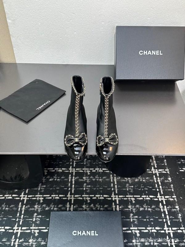 Chanel 2025/SS Chain Bow Chunky Heel Ankle Boots - LY00370