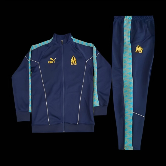 25/26 Olympique Marseille Navy Blue with Sky Blue Stripes Full Zipper Jacket Tracksuit +Long Pants